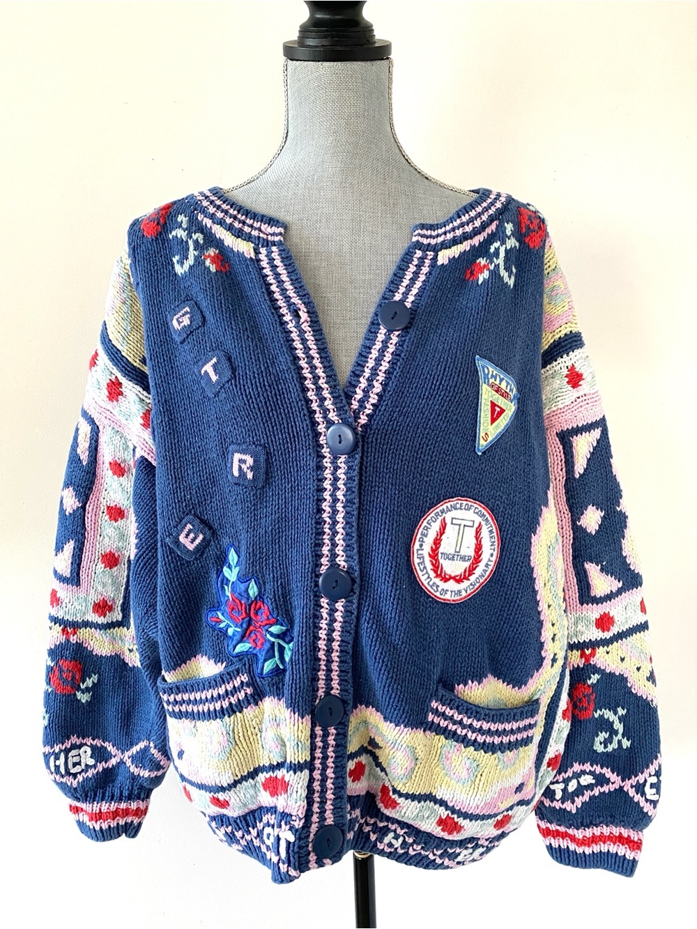 VTG 1990s Together! Navy Floral Patchwork Embroidered Cardigan Jacket OS